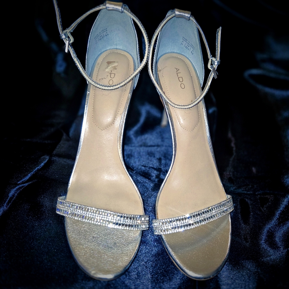 Aldo Silver Strappy Heels with Rhinestones